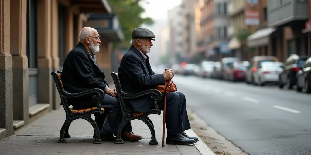 two elderly men sitting on a bench on a city street, one of them is holding a cane and the other is