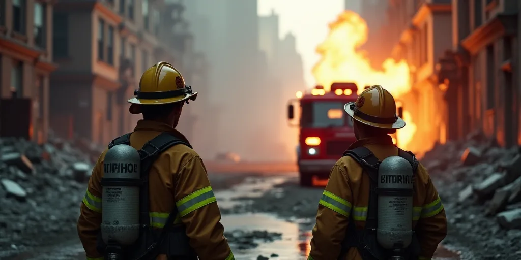two firemen are standing in a destroyed building with a fire truck in the background and a fire truc