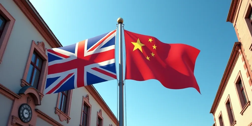 two flags are flying next to each other outside a building with a clock on it's side and a building