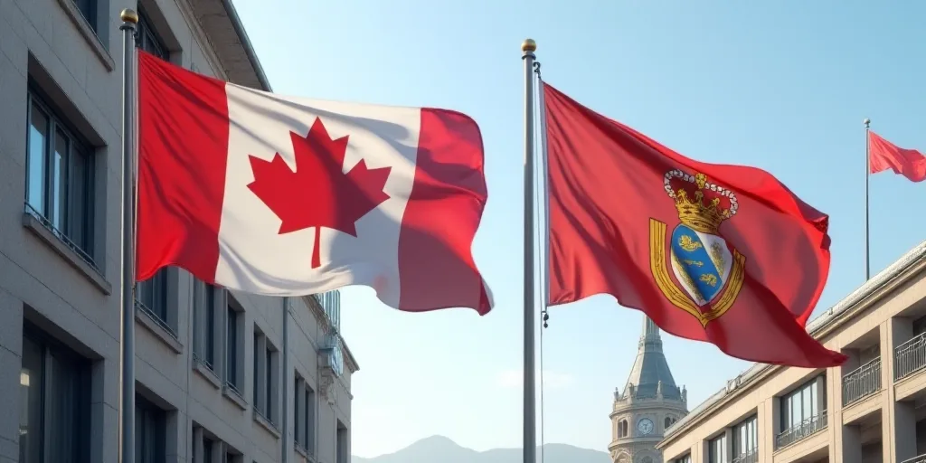 two flags are flying next to each other outside a building with a clock on it's side and a building