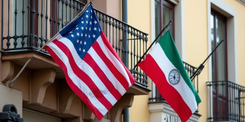 two flags are hanging from a building with a clock on it's side and a flag on the other side, Aquira