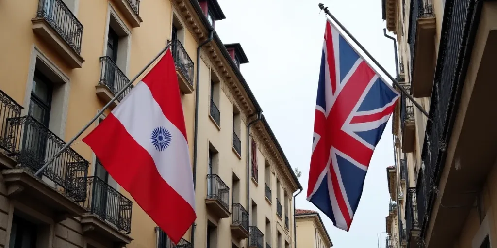two flags are hanging from a building with a clock on it's side and a flag on the other side, Aquira