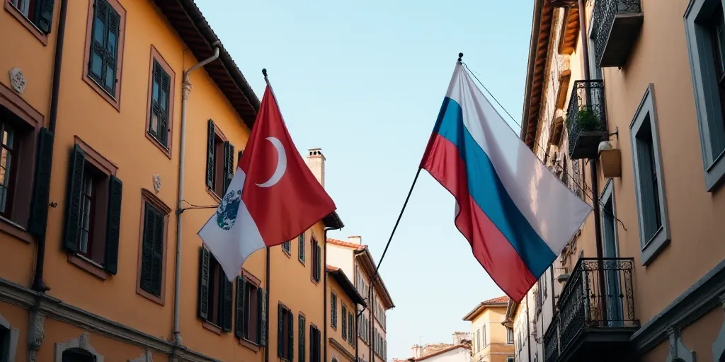 two flags are hanging from a building with a clock on it's side and a flag on the other side, Aquira