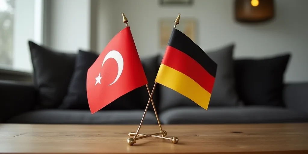 two flags are placed on a table in front of a couch and a coffee table with a couch behind it, Brend
