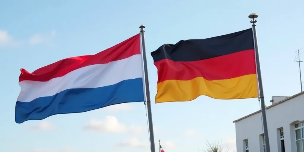 two flags of different countries flying next to each other in the wind with a sky background and a w