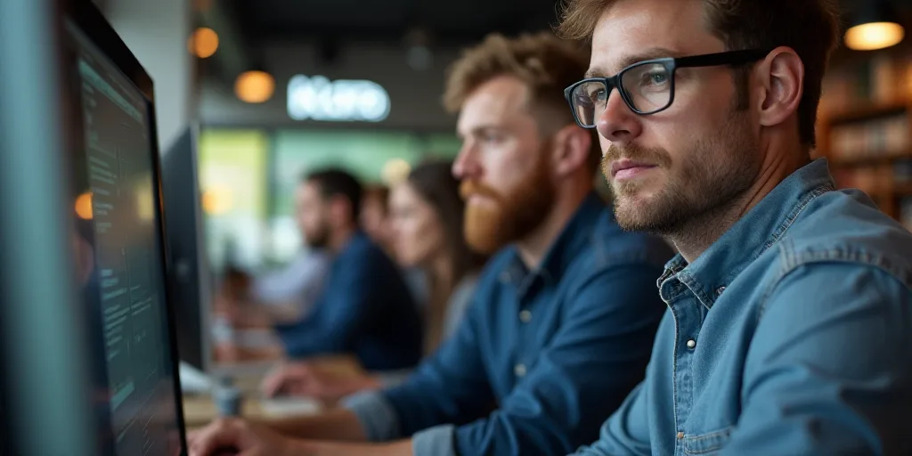 two men are looking at a computer screen in a store with other people in the background and a sign t
