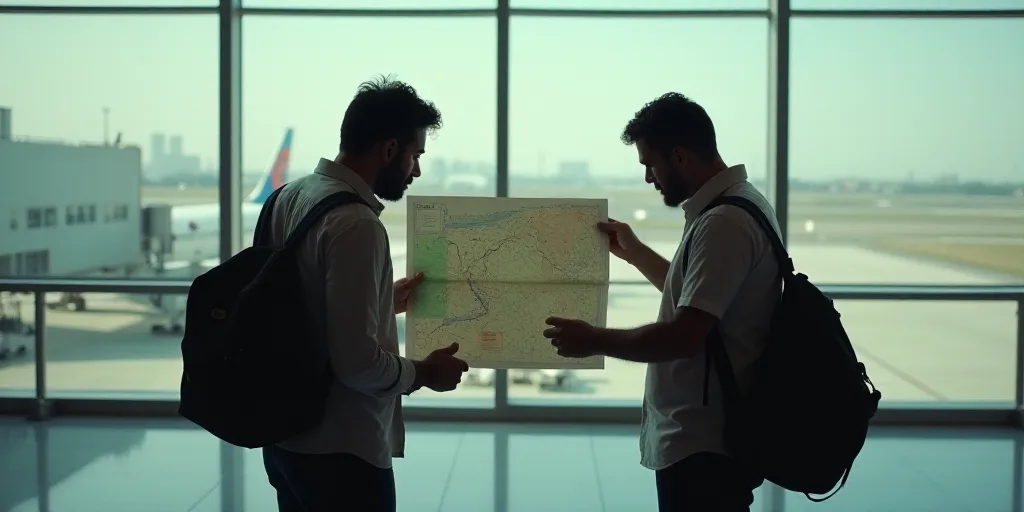 two men are looking at a map in an airport terminal, one is holding a backpack and the other is look