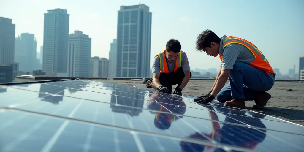 two men are working on a solar panel on a roof top in a city setting with tall buildings in the back
