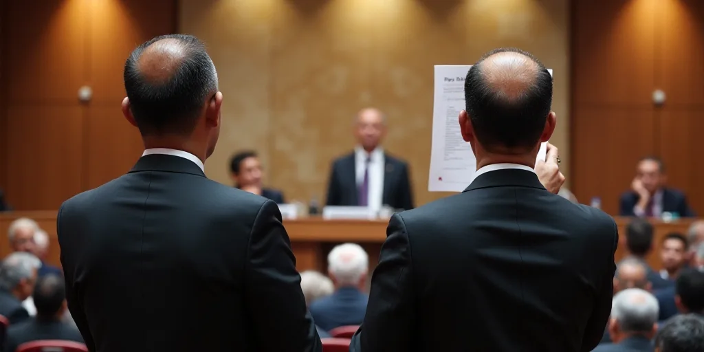 two men holding up papers in front of a crowd of people at a convention or conference hall with a ma