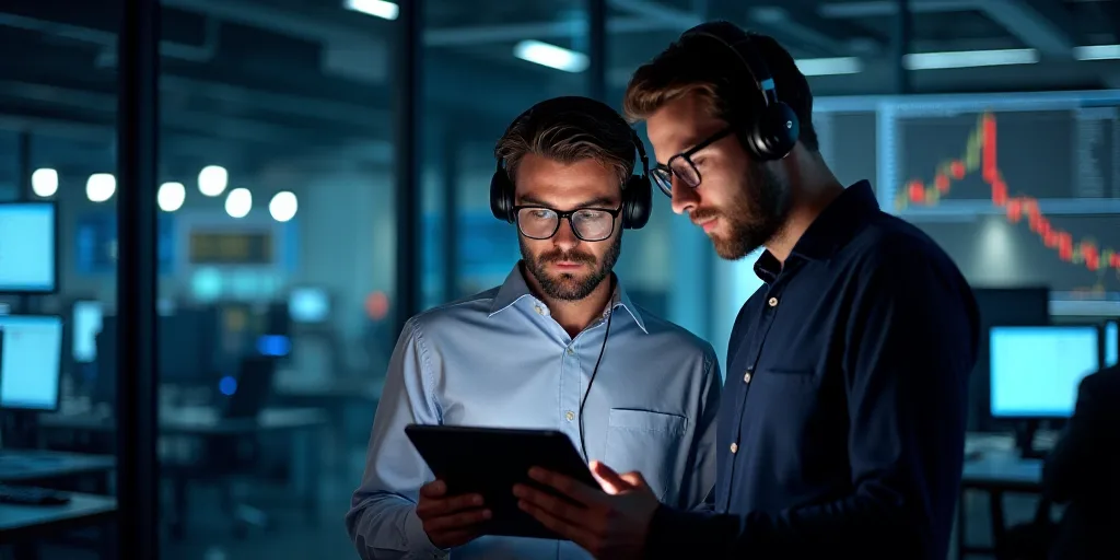 two men in a trading room looking at a tablet computer screen and talking to each other with headpho