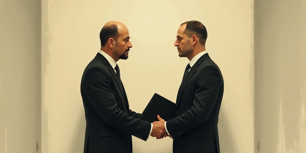 two men in suits are holding a folder and looking at each other while standing in front of a wall, A