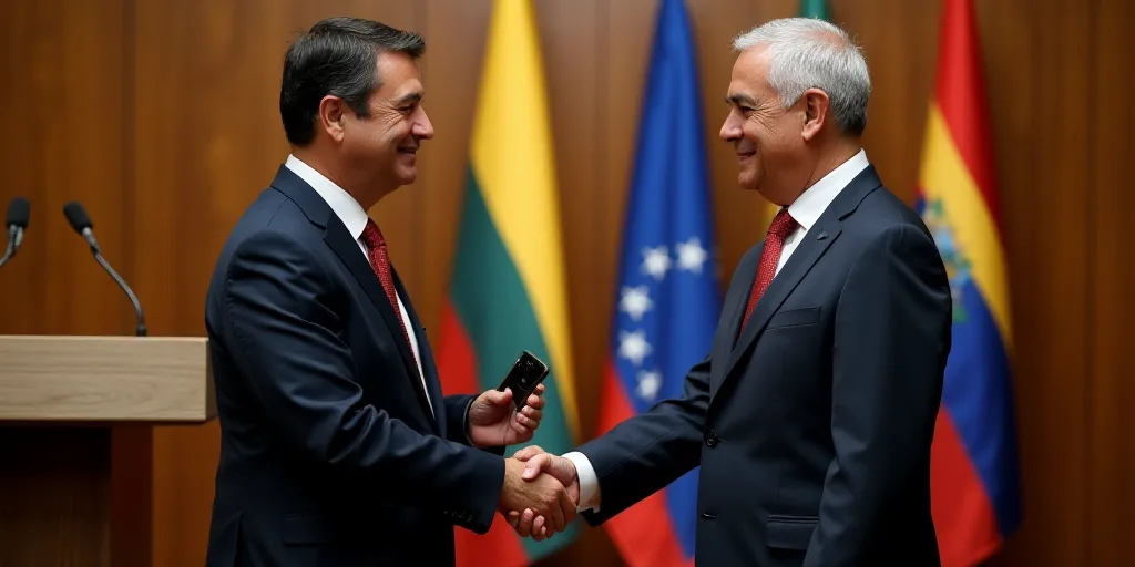 two men in suits shaking hands in front of flags and a podium with a flag in the background and a ma