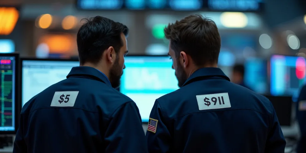 two men looking at a computer screen in a stock market with price tags on their jackets and ties on