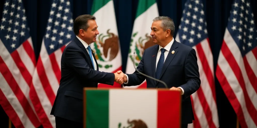 two men shaking hands in front of flags and a podium with a mexican american flag on it and a mexica