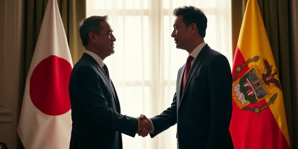 two men shaking hands in front of a flag and window with a flag behind them and a flag behind them,