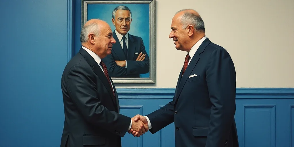two men shaking hands in front of a blue and white wall with a painting of a man in a suit, Boris Vl