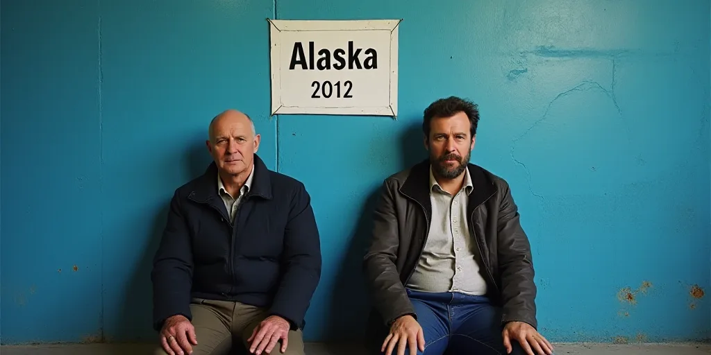 two men sitting next to each other in front of a blue wall with a white sign behind them and a blue