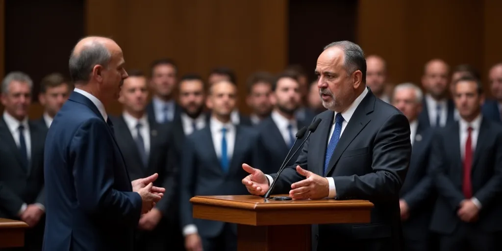 two men standing at podiums in front of a crowd of people in suits and ties, with one man speaking,