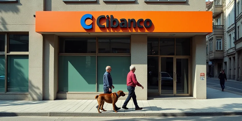 two men walking a dog in front of a bank with a sign that says bank cibanco on it, Carlos Berlanga,