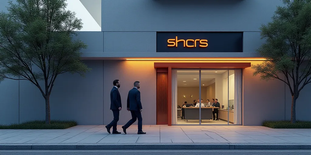 two men walking down a sidewalk past a building with a sign on it that says shcrs on it, Dahlov Ipca