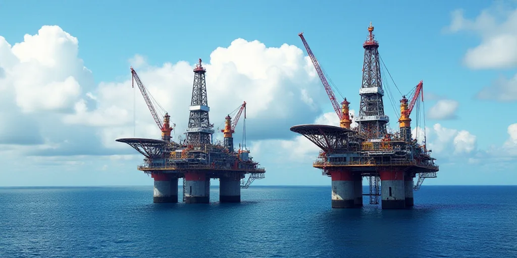 two oil rigs in the middle of the ocean with a sky background and clouds in the background,, Bascove