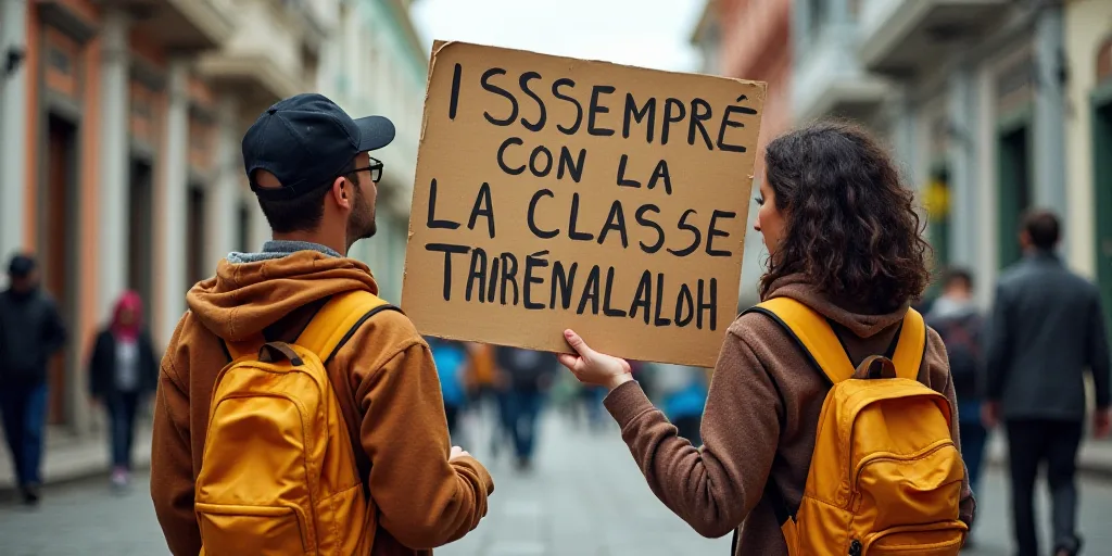 two people holding a sign that says, isempre con la classe trabadadada, Diego Rivera, foto realistic
