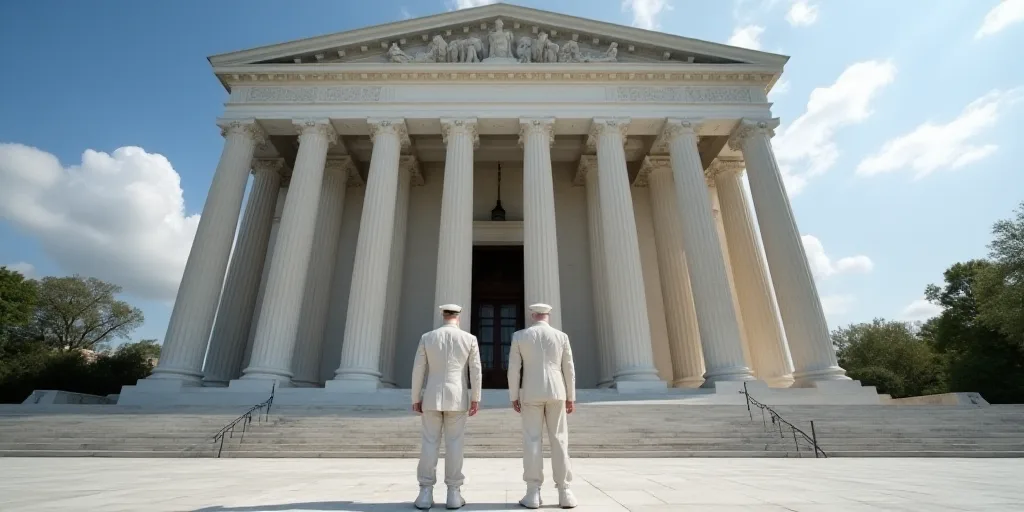 two soldiers standing in front of a building with columns and a chain fence around them, with a sky