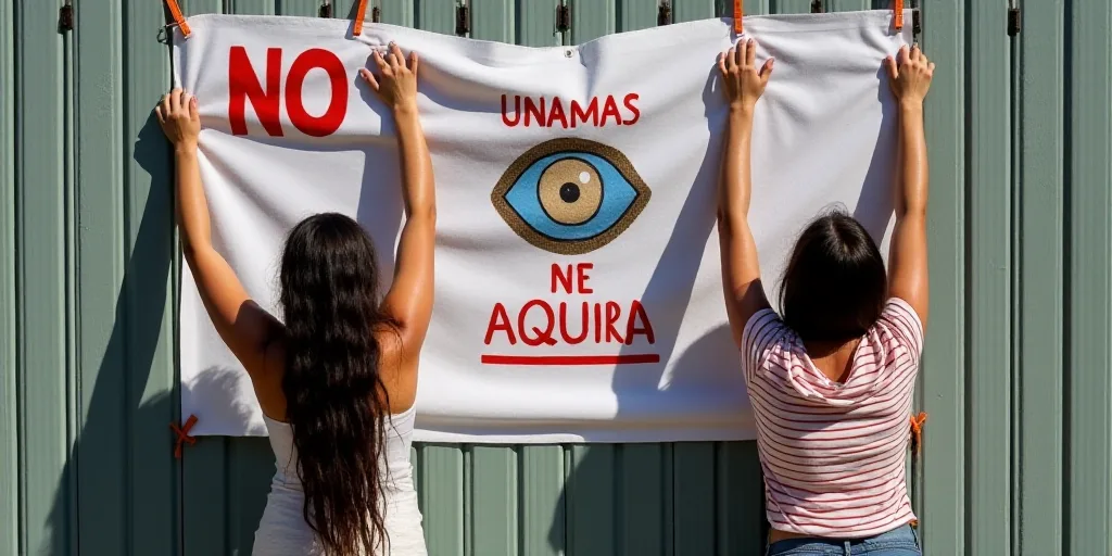 two women are hanging up signs on a wall with a fence behind them that says no unaamas, Aquirax Uno,