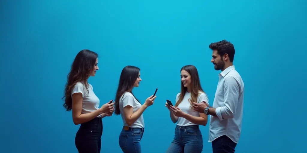 two women are standing in front of a blue background with a cell phone in their hand and a man in a