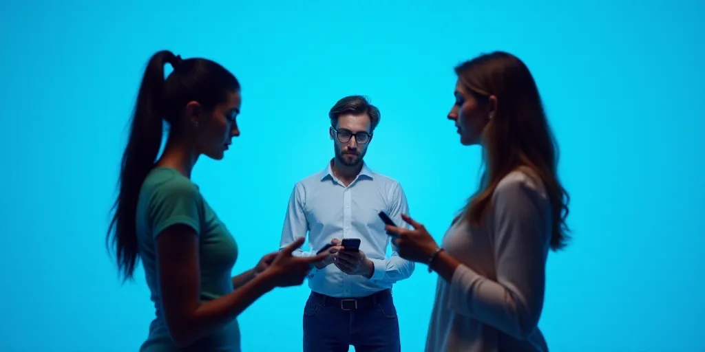 two women are standing in front of a blue background with a cell phone in their hand and a man in a