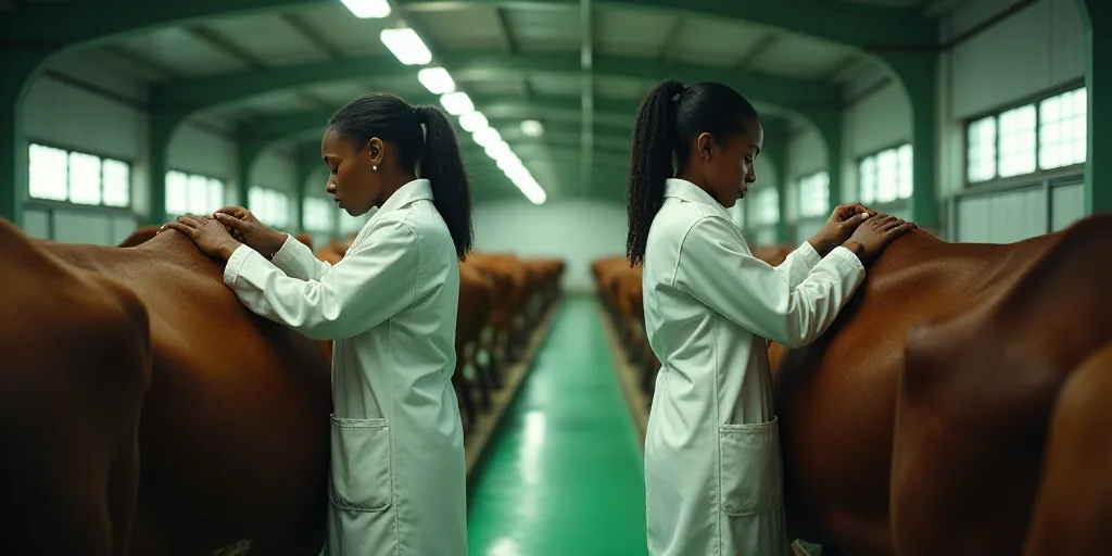two women in white coats are working on cows in a barn with green flooring and a ceiling with lights