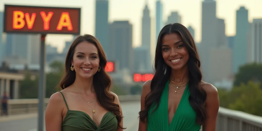 two women standing in front of a sign that says bv a and a woman in a green dress, Aramenta Dianthe