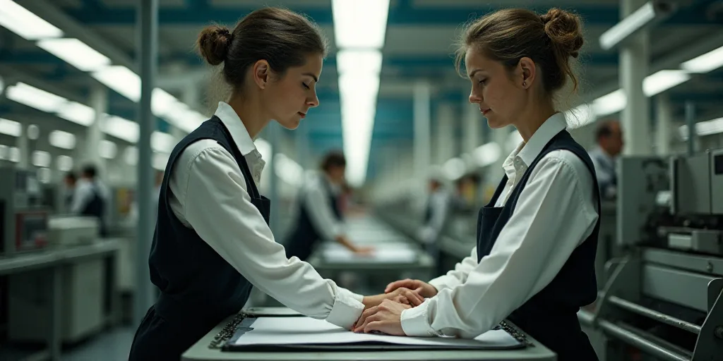 two women working on a machine in a factory with other workers in the background looking at the mach