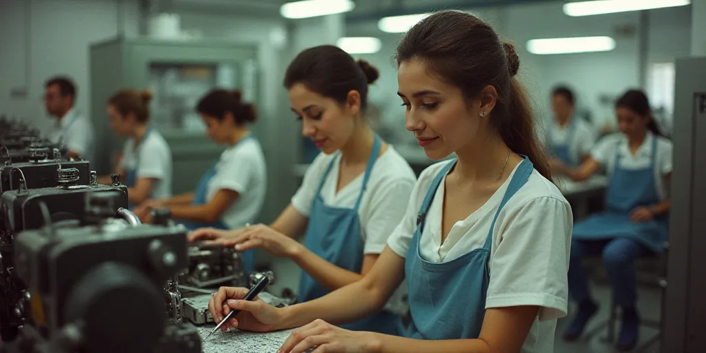 two women working on a machine in a factory with other workers in the background looking on and smil