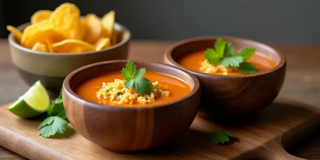 two wooden bowls filled with soup and a lime slice on a cutting board next to a bowl of chips, Altic