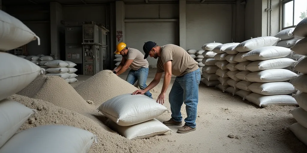 two workers are working on a large amount of bags of cement in a factory area with stacks of cement