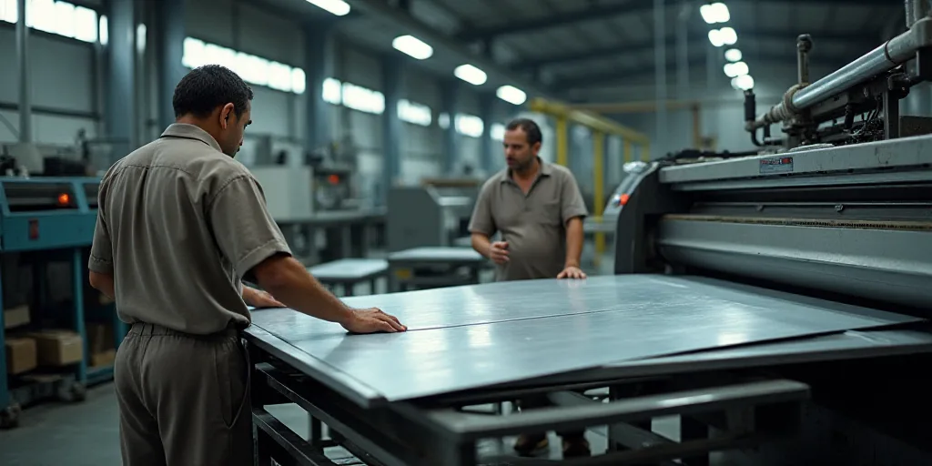 two workers are working on a machine in a factory with a large amount of metal sheets on the machine
