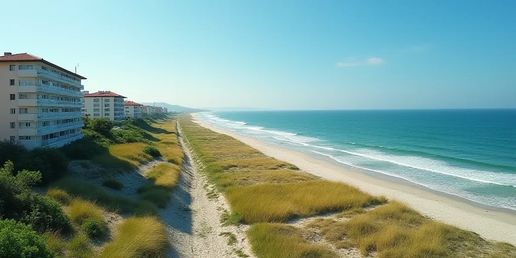 a beach with a bunch of buildings next to it and a body of water in the background with a blue sky,