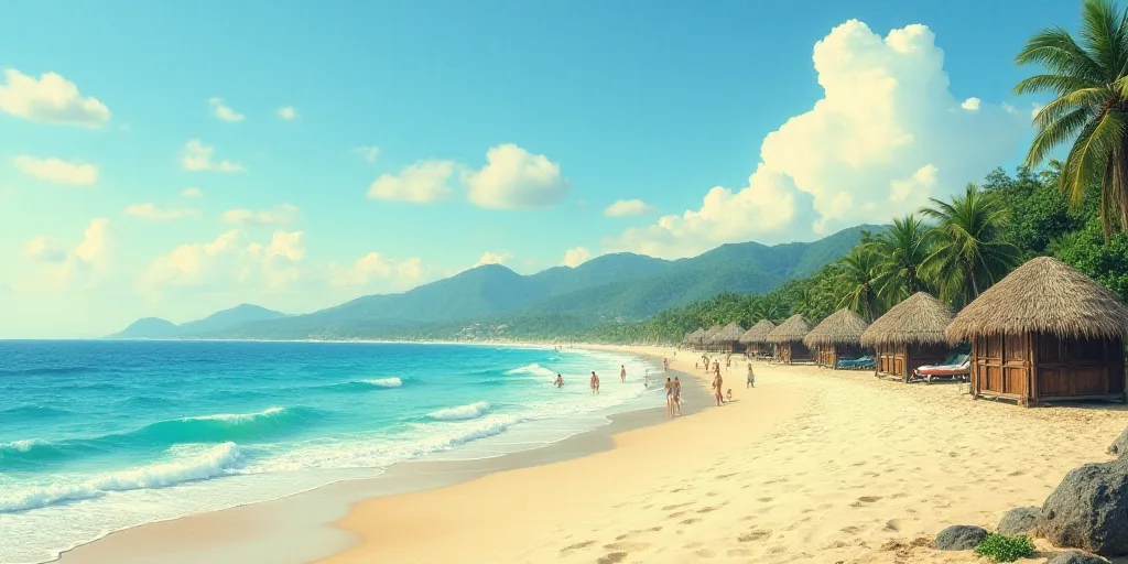 a beach with a bunch of huts on it and a body of water in front of it with people on it, Araceli Gil