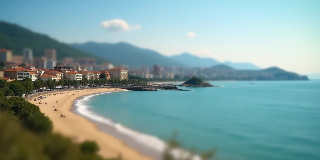 a beach with a city in the background and a body of water in the foreground with buildings on the sh