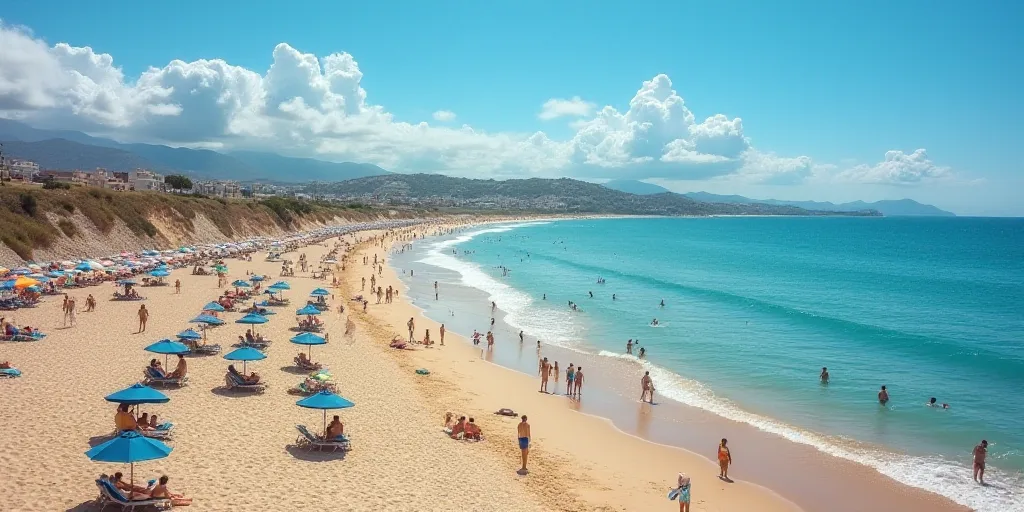 a beach with a lot of people on it and some water and sand and some umbrellas and people in the wate