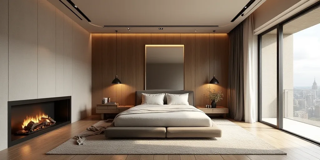 a bedroom with a bed, chair, mirror and fireplace in it and a mirror on the wall above the bed, Engu