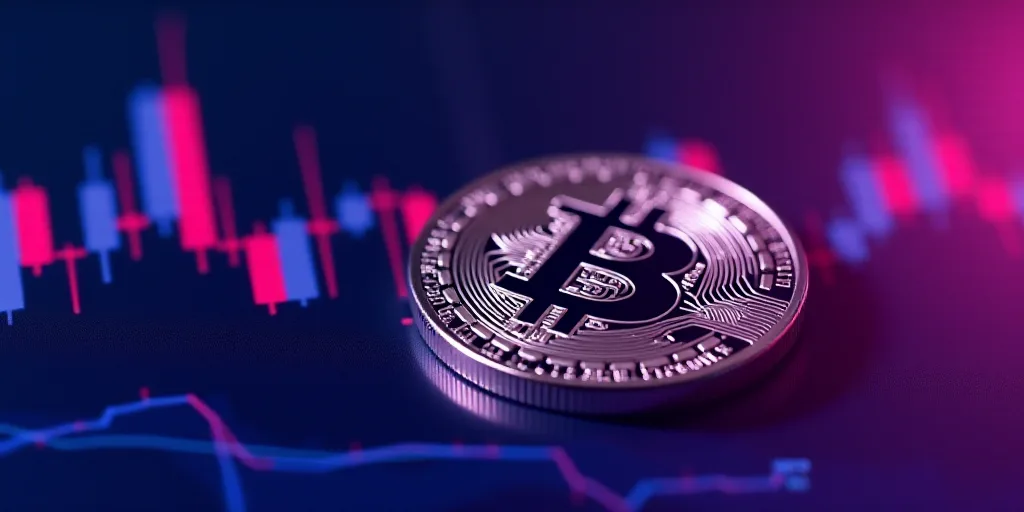 a bitcoin on a stock chart with a purple background and a blue and purple background with a line gra