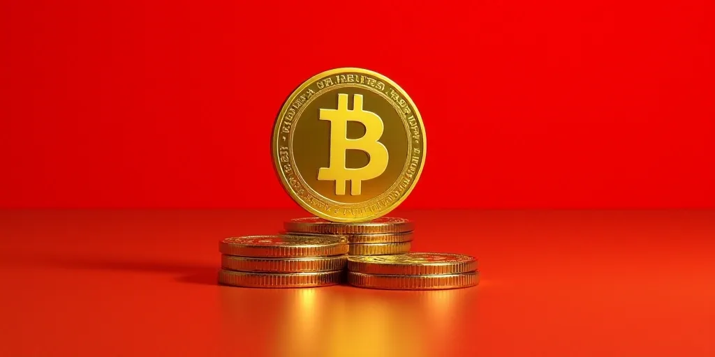 a bitcoin sitting on top of a stack of coins on a red background with a red backdrop, Andries Stock,