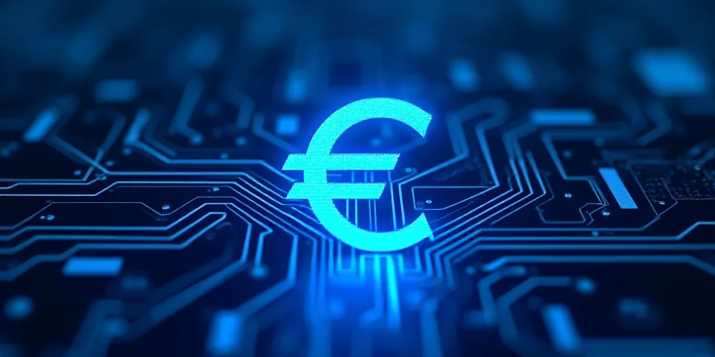 a blue background with a digital image of a euro sign on it and a circuit board in the background, A