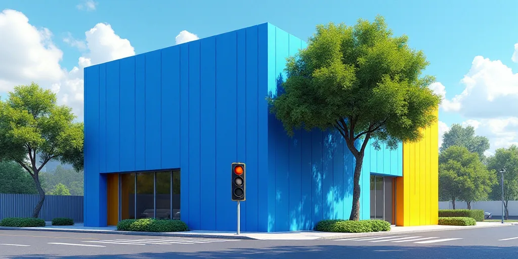 a blue building with a traffic light in front of it and a tree in front of it that is also a banana
