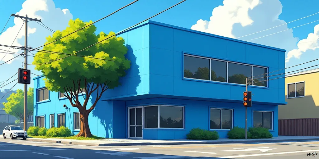 a blue building with a traffic light in front of it and a tree in front of it that is also a banana