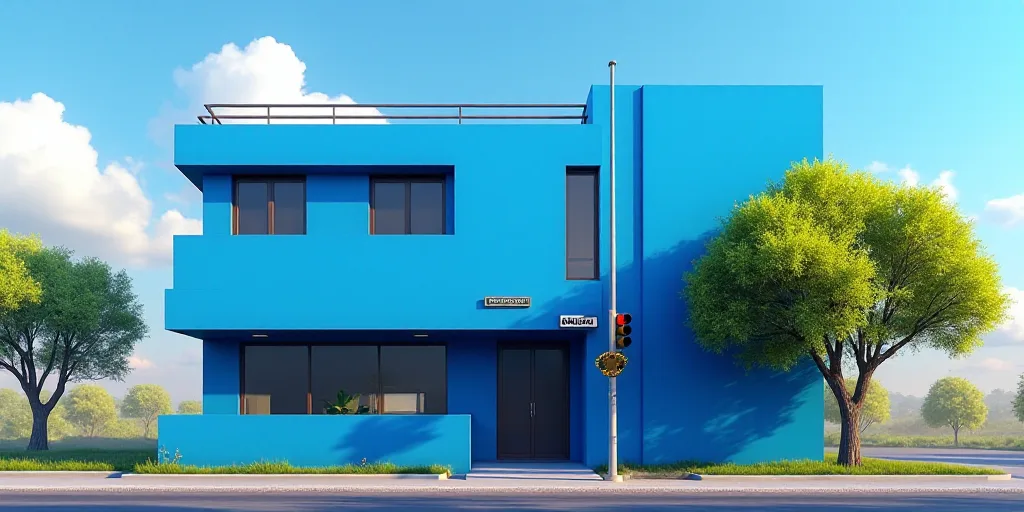 a blue building with a traffic light in front of it and a tree in front of it that is also a banana