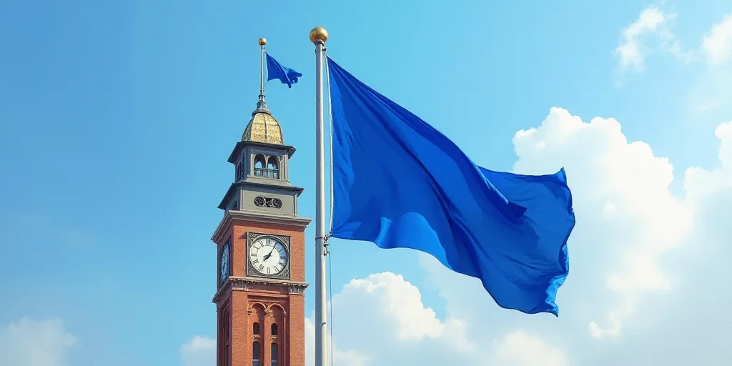 a blue flag flying in front of a tall building with a clock tower in the background and a flag on to
