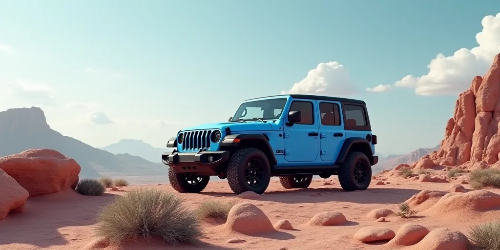 a blue jeep parked on a rocky terrain in the desert with a cloudy sky in the background and a few cl